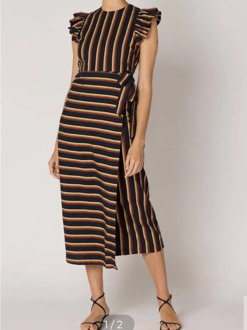Cleobella Striped Ruffle Sleeve Wrap Dress - Black/Mustard M